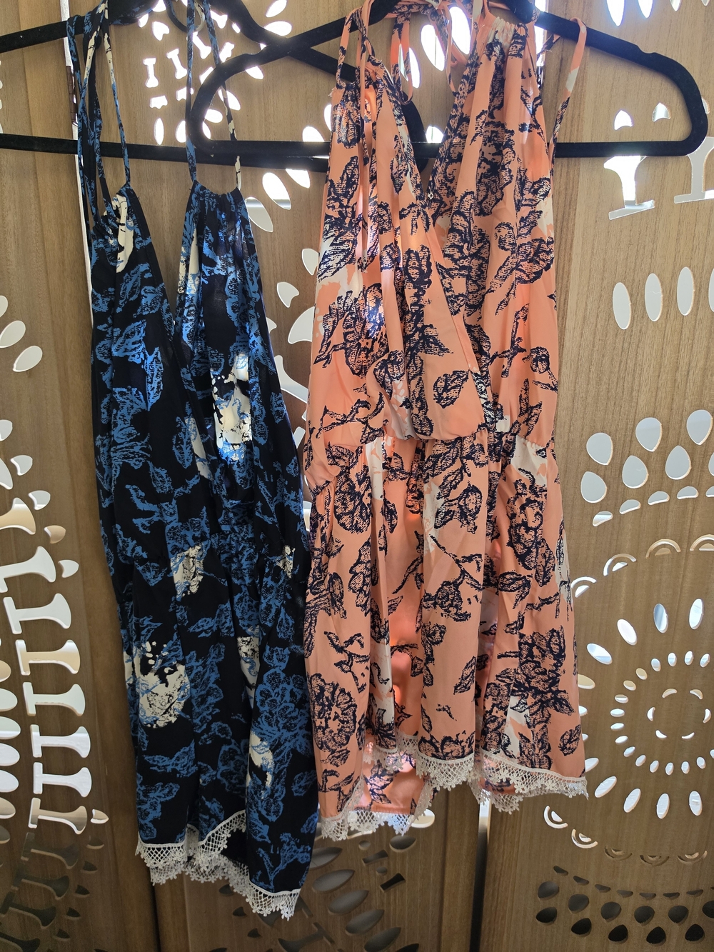 Floral Halter Rompers— Peach/Navy
